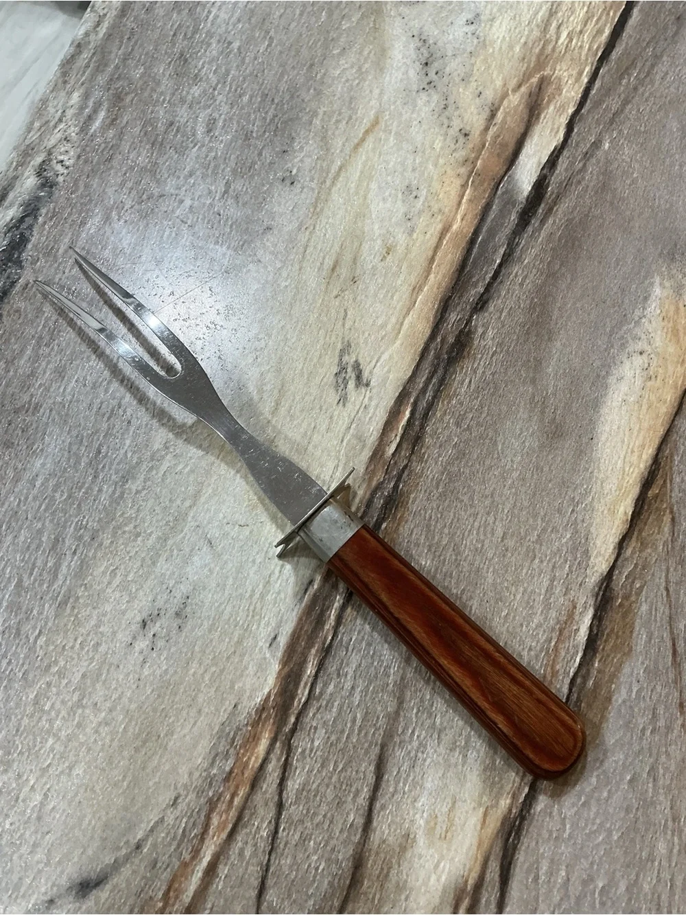 Vintage 50’s Wear-Ever #205 Carving Fork Stainless Steel 2 Tine Wood Handle 11.7